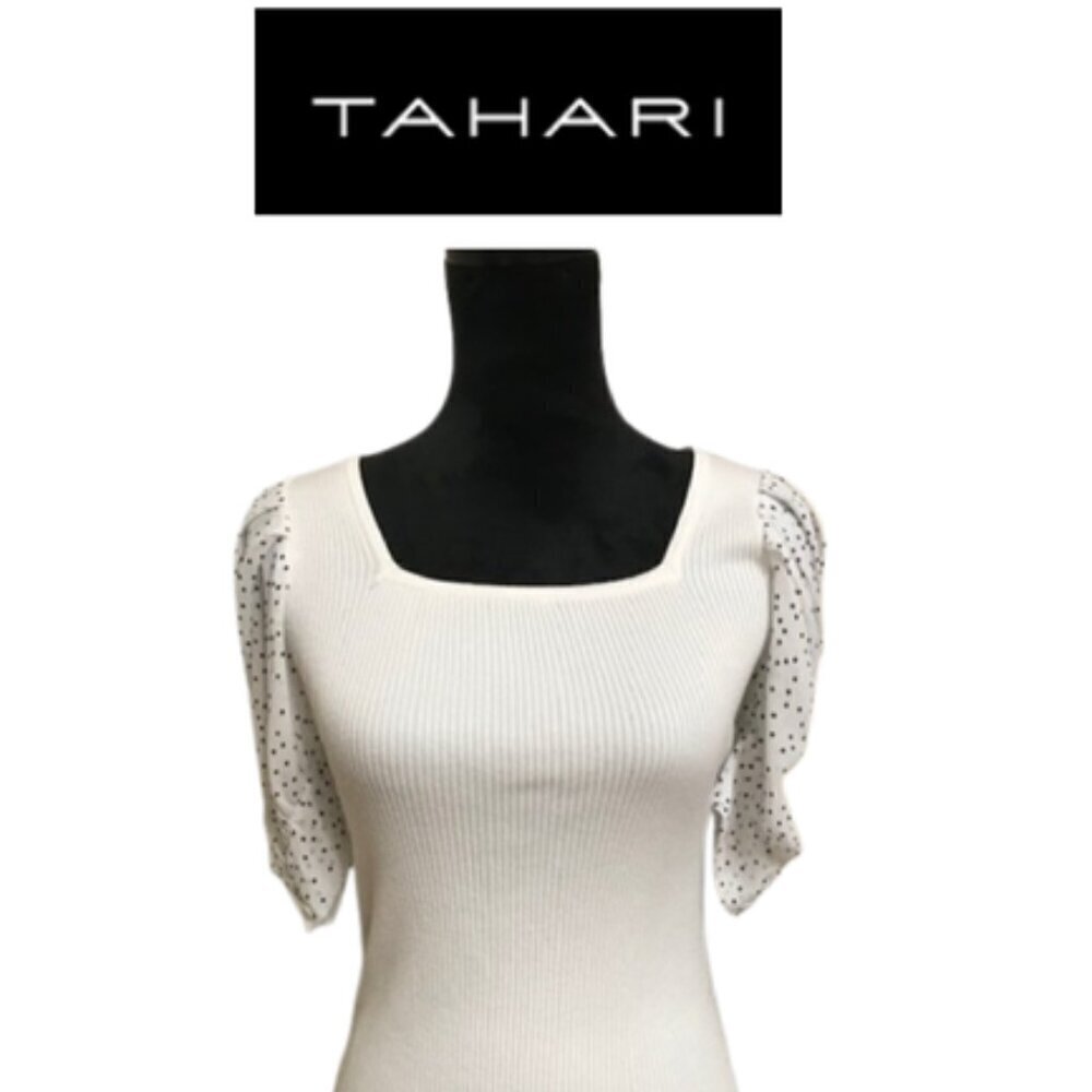 T Tahari Square Neck Elbow Length Puff Sleeve White Top Size Small Petite - Picture 9 of 9